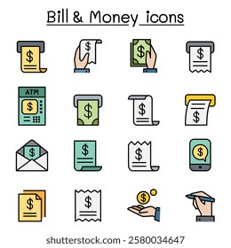 Bill and money icon set in color line style