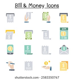 Bill and money icon set in flat color style