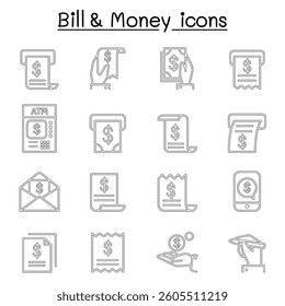 Bill and money icon set in thin line style