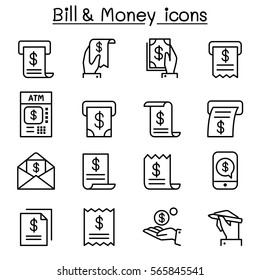 Bill & money icon set in thin line style