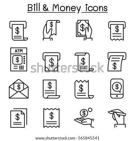 Bill & money icon set in thin line style