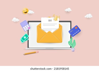 Bill notification by e-mail, tax bill, invoice, or other bills. Online payment concept. 3d vector illustration.