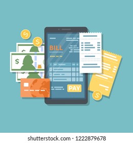 Bill on the phone screen with pay button. Online payment of goods,service, utility, bank, restaurant via phone. Internet banking concept. Phone, checks, money, credit card. Vector isolated.