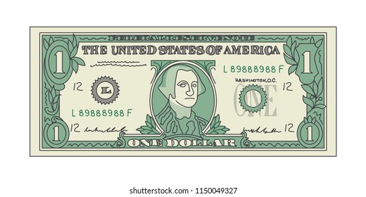Bill One Dollar Banknot Isolated on a White Background Symbol of American Paper Money . Vector illustration of Currency Bank Note