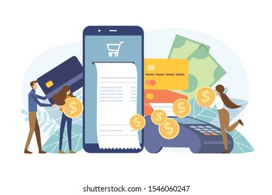 Bill online payment concept. Vector illustration flat design style. young man holding credit card for Internet payments. the seller recieve money fast.