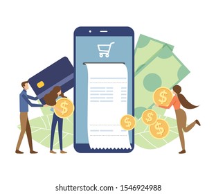 Bill online payment concept. Vector illustration flat design style. young man holding credit card for Internet payment. the seller recieve money fast.
