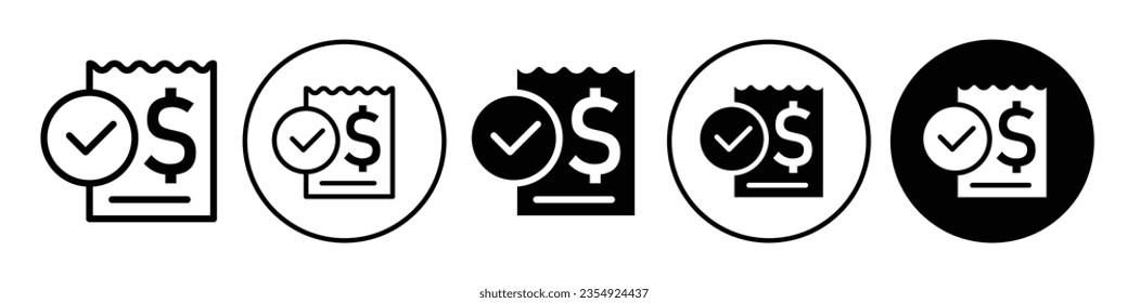 Bill Paid Icon. Financial banking or hotel invoice paid symbol. Flat outline of e commerce product shopping online purchase. Vector set of dollar money payment receipt. Business tax refund logo sign