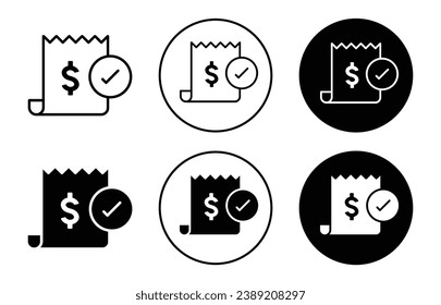 Bill Paid Icon. online sale or purchase bill receipt or refund transaction paid successfully symbol set. electricity or power bill paid statement vector line logo. transaction success check sign