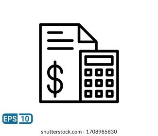 Bill Paid Symbol. Tax Form Line Style Icon. Paper Document With Calculator Sign. EPS 10 Vector Illustration