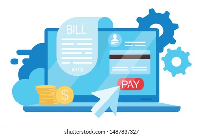 Bill pay flat vector illustration. Online payment, billing system, credit card transactions isolated cartoon concept on white background. Online receipt, invoice. Banking service. Epayment, ewallet