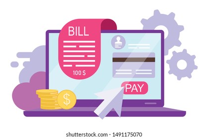 Bill pay flat vector illustration. Online payment, instant credit card transactions isolated cartoon concept on white background. Online receipt, invoice. Banking service. Epayment, ewallet account