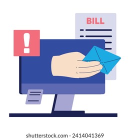 Bill Pay with Hand Reach Letter from Computer Screen Vector Illustration