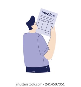 Bill Pay with Man Character Holding Paper Receipt Vector Illustration