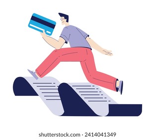 Bill Pay with Man Character Run Across Receipt with Credit Card Vector Illustration
