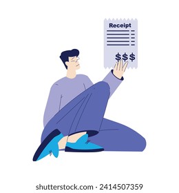 Bill Pay with Man Character Sitting with Paper Receipt Vector Illustration