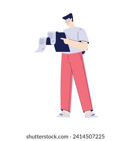 Bill Pay with Man Character Stand with Tablet Use Online Application Vector Illustration