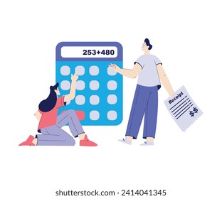 Bill Pay with Man and Woman Character Do Calculation Vector Illustration