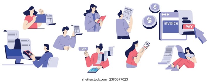 Bill Pay with People Character Make Payment with Electronic Receipt Vector Set