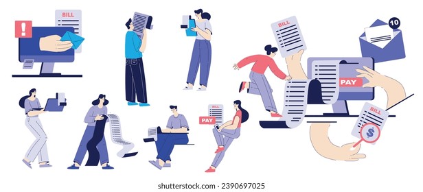 Bill Pay with People Character Make Payment with Electronic Receipt Vector Set