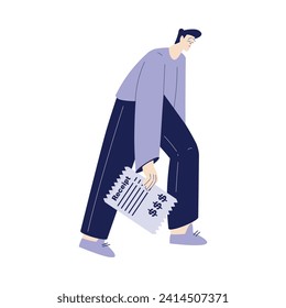 Bill Pay with Sad Man Character with Paper Receipt Vector Illustration