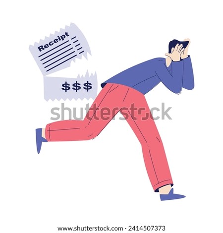 Bill Pay with Sad Man Character with Torn Receipt Vector Illustration