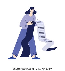 Bill Pay with Woman Character Holding Long Receipt Form Vector Illustration