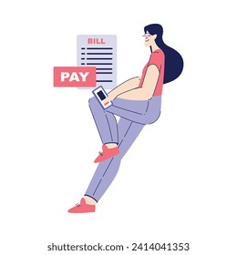 Bill Pay with Woman Character with Smartphone Use Online Application Vector Illustration