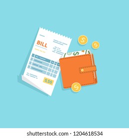 Bill paying. Paper check, reciept, invoice, order icon. Bill with purse, cash money banknotes, gold coins. Payment of goods, service, medicine, utility, restaurant. Flat vector icon