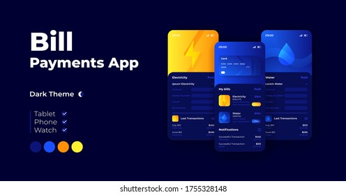 Bill payment cartoon smartphone interface vector templates set. Mobile app screen page night mode design. Online money management. UI for application. Phone display with flat objects