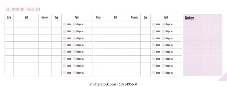 Bill Payment Checklist - Horizontal - half of A4
