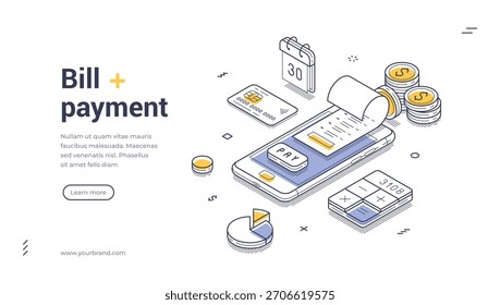 Conceito de pagamento de contas para transações digitais, serviços bancários móveis e tecnologia financeira com smartphone, recibo e moedas. Modelo de vetor de banner web isométrico moderno para site e aplicativo