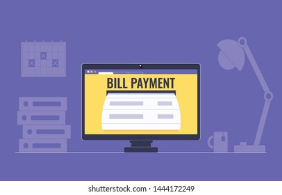 Bill payment concept, shopping, banking. Office workplace. Vector illustration