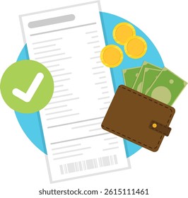 Bill payment with correct green mark icon, Payment receipt invoice with wallet and banknote inside and golden coin.