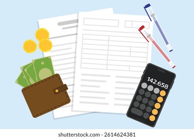 Bill payment document paper calculate with smartphone app, Financial accounting report, Income and tax calculations with money wallet banknote and golden coin.