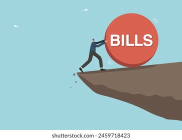 Bill payment, expense or financial service to pay for transaction, financial difficulties, debt or credit obligations, borrowing and loss money, business failure, a man stops a bill ball on a cliff.