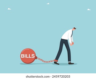 Bill payment, expense or financial service to pay for transaction, financial difficulties, debt or credit obligations, borrowing and loss money, man chained with prison shackles to bills.