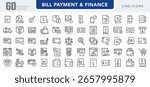 Bill payment and finance linear icon set. Invoice, receipt, banking, online transaction, tax, ATM, credit card, money transfer, budgeting, financial document vector icon set. UI thin line pack.