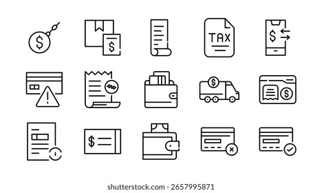 Conjunto de iconos lineales de pago de facturas y finanzas. Factura, Comprobante, banca, transacciones en línea, impuestos, cajero automático, tarjeta de crédito, transferencia de dinero, presupuesto, conjunto de iconos de Vector de documentos financieros. Paquete de líneas finas de interfaz de usuario.