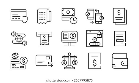 Bill payment and finance linear icon set. Invoice, receipt, banking, online transaction, tax, ATM, credit card, money transfer, budgeting, financial document vector icon set. UI thin line pack.