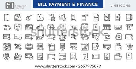 Bill payment and finance linear icon set. Invoice, receipt, banking, online transaction, tax, ATM, credit card, money transfer, budgeting, financial document vector icon set. UI thin line pack.