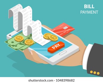 Bill payment flat isometric vector concept of mobile payment, shoping, banking.