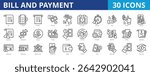 Bill and payment icon pack collection set for business and financial transaction. With bill, invoice, receipt, payment, pay now, due date, overdue, paid, unpaid, balance, total due, refund