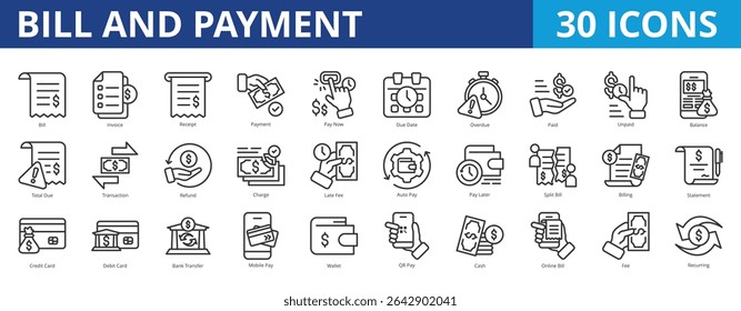 Bill and payment icon pack collection set for business and financial transaction. With bill, invoice, receipt, payment, pay now, due date, overdue, paid, unpaid, balance, total due, refund