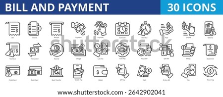 Bill and payment icon pack collection set for business and financial transaction. With bill, invoice, receipt, payment, pay now, due date, overdue, paid, unpaid, balance, total due, refund