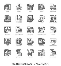Bill and Payment Icon pack for your website, mobile, presentation, and logo design. Bill and Payment Icon outline design. Vector graphics illustration and editable stroke.