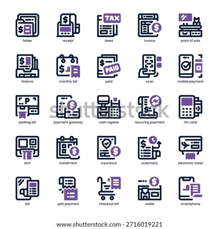 Bill and Payment Icon pack for your website, mobile, presentation, and logo design. Bill and Payment Icon dual tone design. Vector graphics illustration and editable stroke.