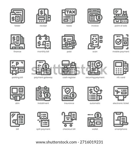 Bill and Payment Icon pack for your website, mobile, presentation, and logo design. Bill and Payment Icon outline design. Vector graphics illustration and editable stroke.