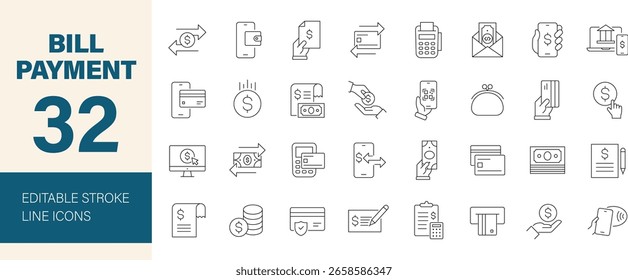 Ícone Pagamento de Faturamento definido. Contendo finanças, dinheiro, recibo, fatura, documento, atm, dinheiro, moedas em mãos, cartão de crédito, carteira e muito mais. Ícones de linha editáveis. Ilustração vetorial.