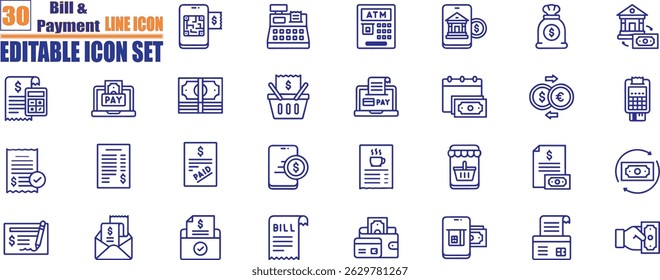Bill Payment icon set. Payment options. Outline payment method symbols. Money transfer. Banking, credit card, cash and transaction symbol. Vector illustration