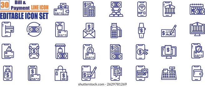 Bill Payment icon set. Payment options. Outline payment method symbols. Money transfer. Banking, credit card, cash and transaction symbol. Vector illustration